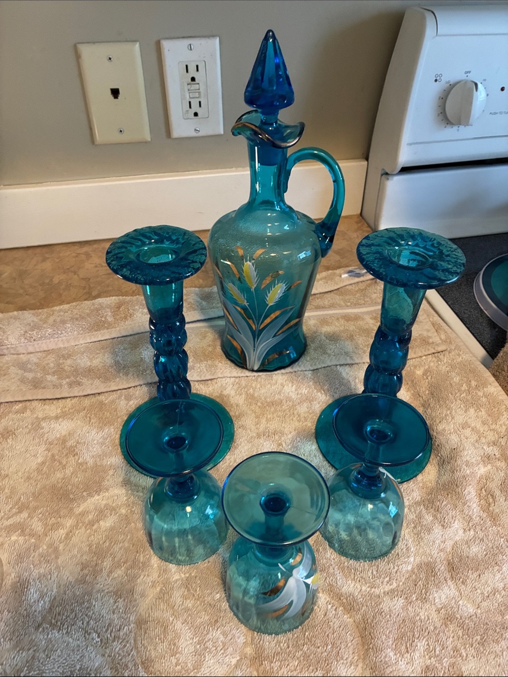 Teal Blue Hand-Painted Glass Decanter set